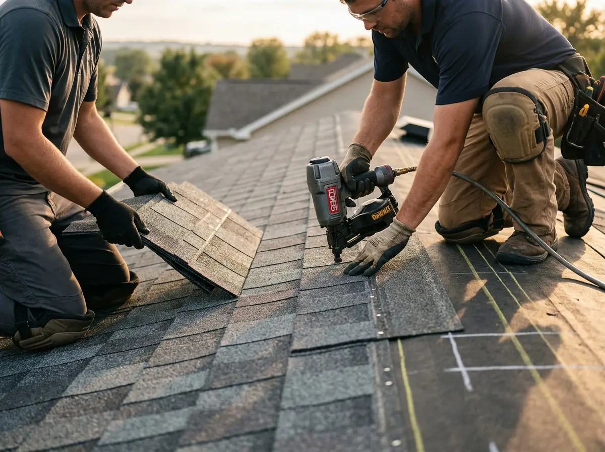 Professional roofer working on a residential roof in Mendota Heights